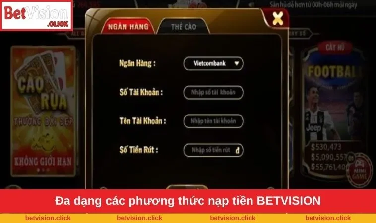 Đa dạng các phương thức nạp tiền BETVISION