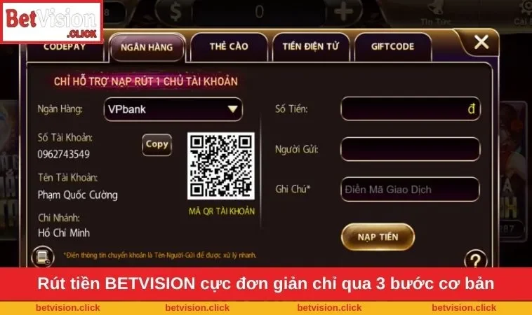 Rút tiền BETVISION cực đơn giản chỉ qua 3 bước cơ bản